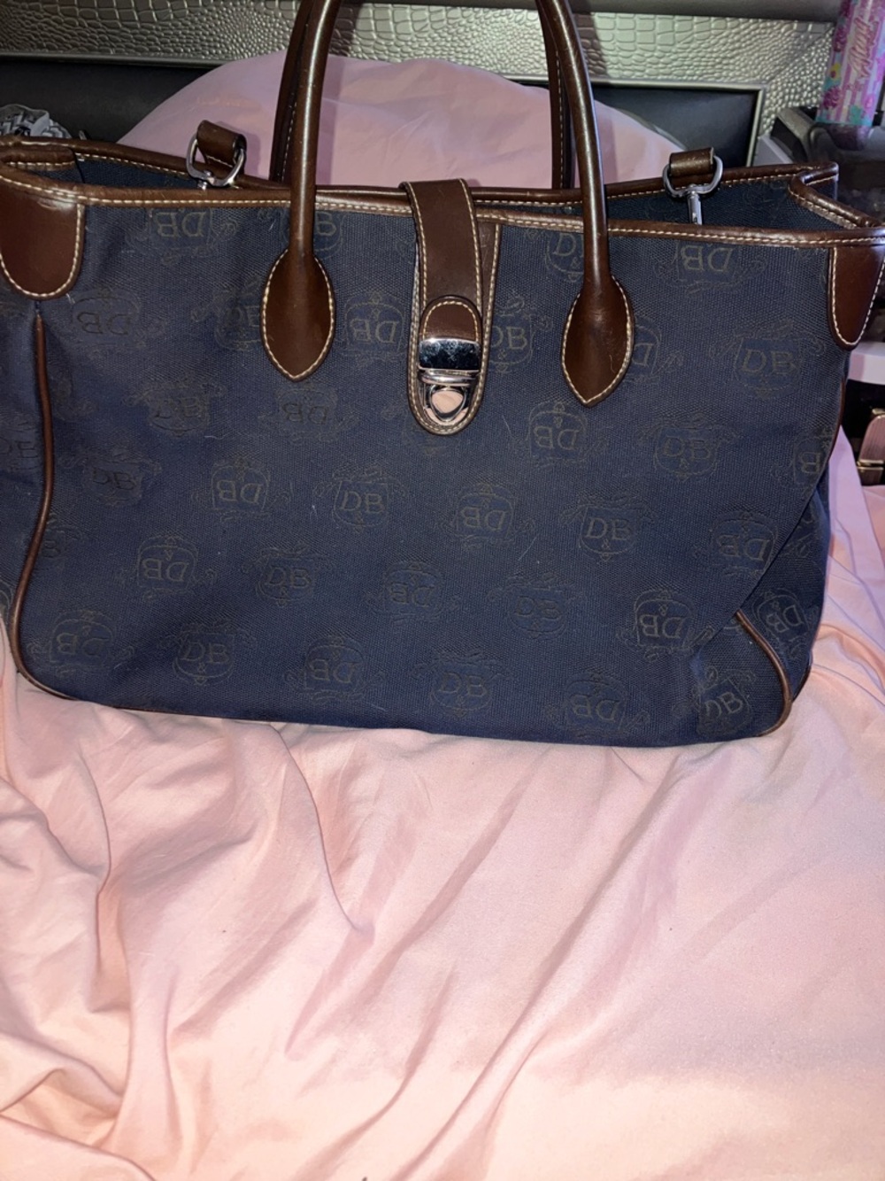 Vintage Dooney & Bourke Navy Logo Tote with Brown Leather Trim